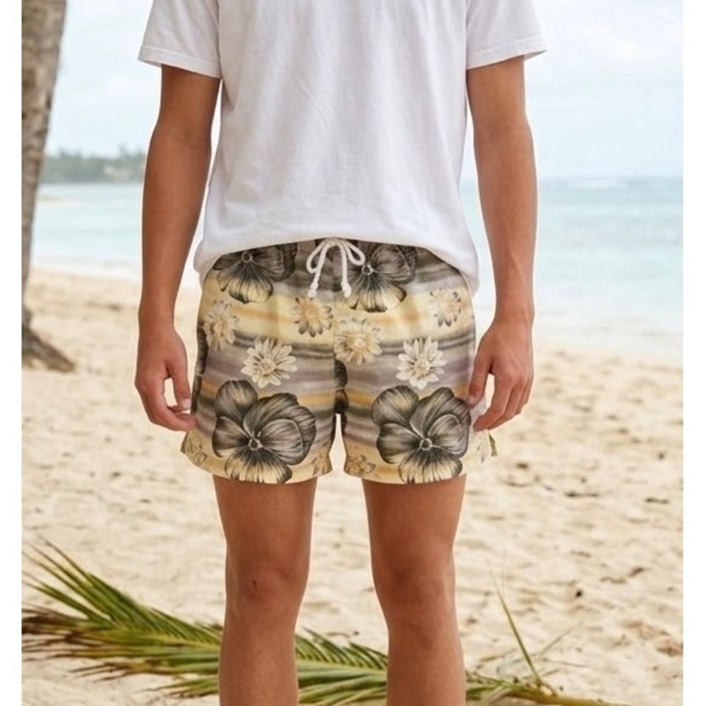 TOMMY BAHAMA Mens Floral Striped Swim Trunks Mesh Lined Nylon Shorts-Medium